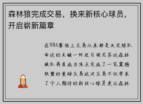 森林狼完成交易，换来新核心球员，开启崭新篇章